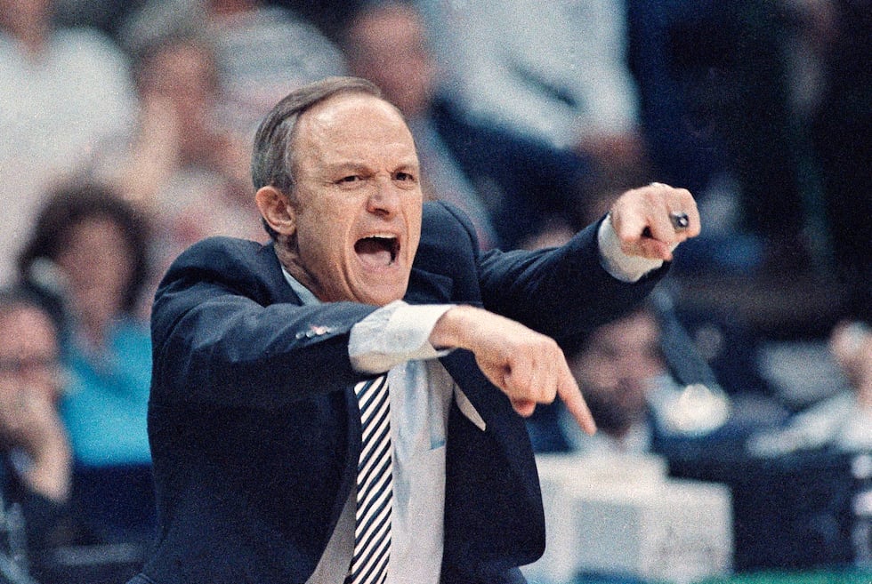 FILE - In this March 29, 1986, file photo, LSU coach Dale Brown yells to his team from the...