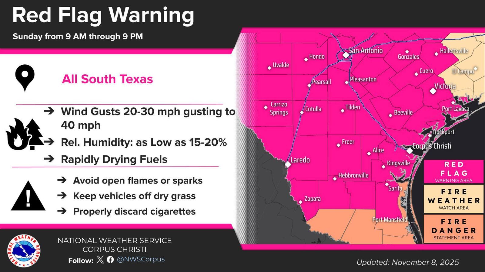Tx Side Ffe South Texas under red flag warning Sunday as cold front approaches