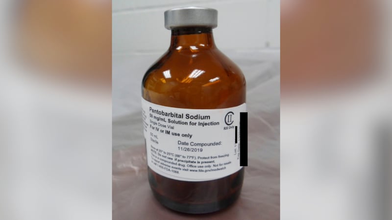 FILE - This photo provided by the U.S. Department of Justice shows a vial of pentobarbital...