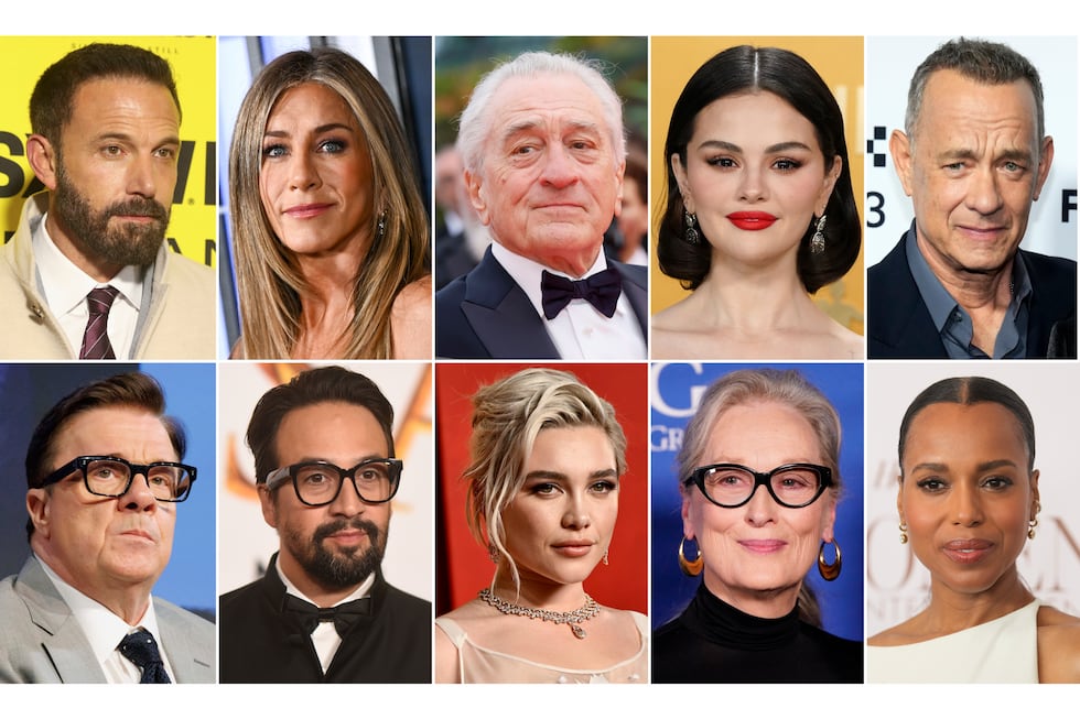 This combination of photos show celebrities, top row from left, Ben Affleck, Jennifer Aniston,...